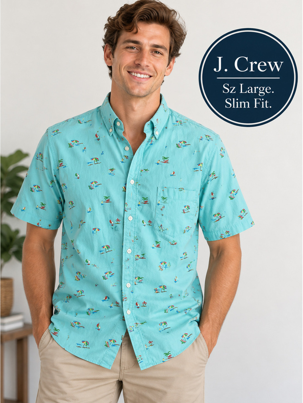 J.Crew Slim | L | Turquoise Beach Print Shirt